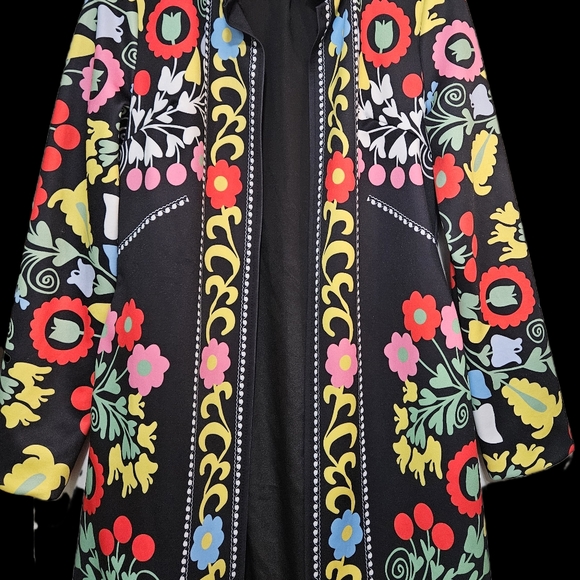 Retro FLORAL Jacket Sz S Vintage 1970s Style Black Yellow Orange Pink Green Blue - Picture 3 of 9